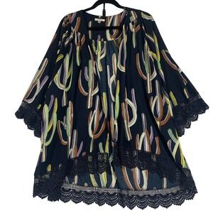 Jodifl Cactus Print Kimono Cardigan Lace Trim Open‎ Front Bohemian Medium